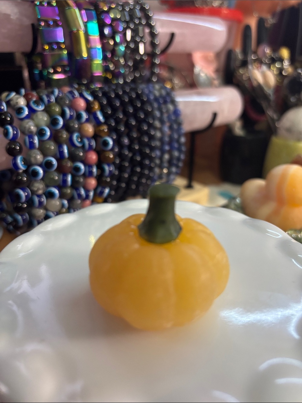 Yellow Calcite Pumpkin Carving with Green Stem 39.7mm